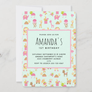 Invitación Cumpleaños con patrón de animales de guardería lin