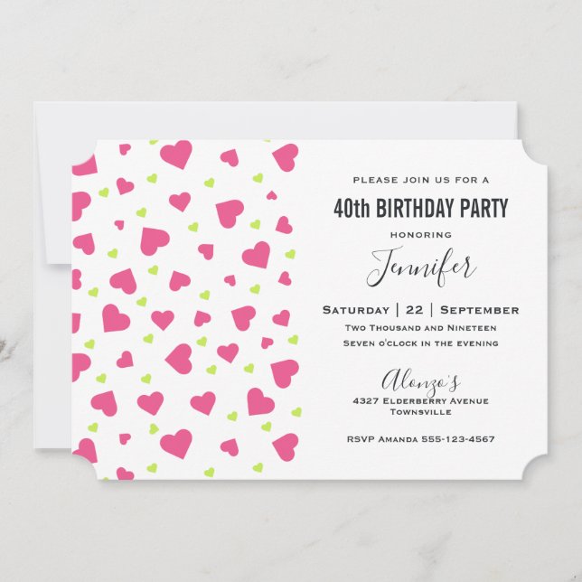 Invitación Cumpleaños con patrón de corazones rosas y verdes  (Anverso)