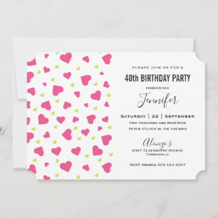 Invitación Cumpleaños con patrón de corazones rosas y verdes 