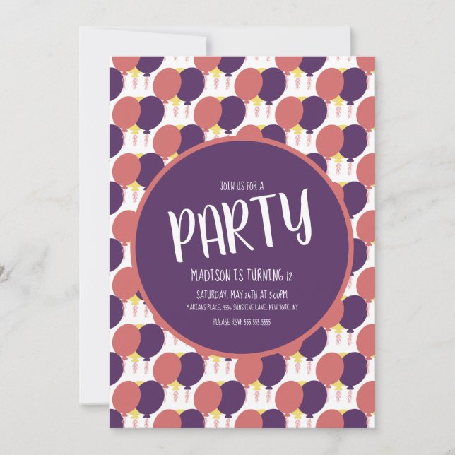 Invitación Cumpleaños con patrón de globo flotante dibujado a (Anverso)
