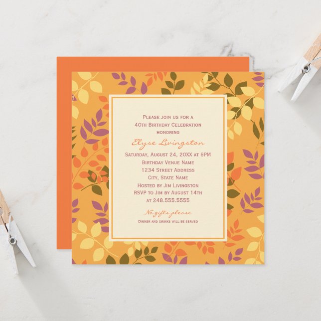 Invitación Cumpleaños con patrón de hoja naranja de otoño (Anverso/Reverso In Situ)