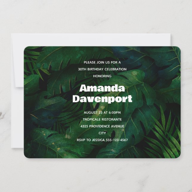 Invitación Cumpleaños con patrón de hojas tropicales verde os (Anverso)