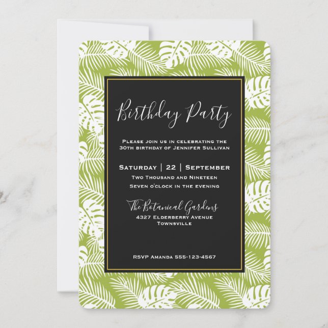 Invitación Cumpleaños con patrón de selva tropical de hojas d (Anverso)