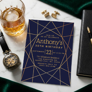 Invitación Cumpleaños con patrón geométrico de azul marino y 