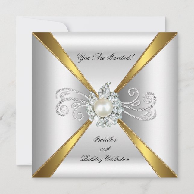 Invitación Cumpleaños con Perla Oro Plata Diamante (Anverso)