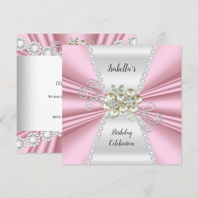 Invitación Cumpleaños con perla rosa elegante y diamante blan (Anverso / Reverso)