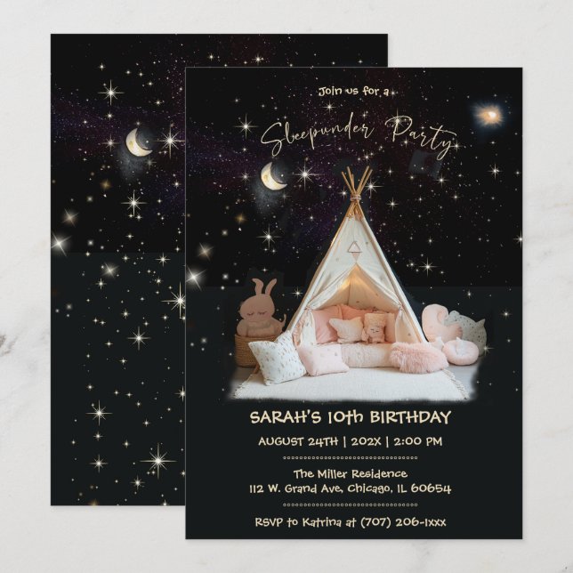 Invitación Cumpleaños con pijamada personalizada bajo las est (Anverso / Reverso)