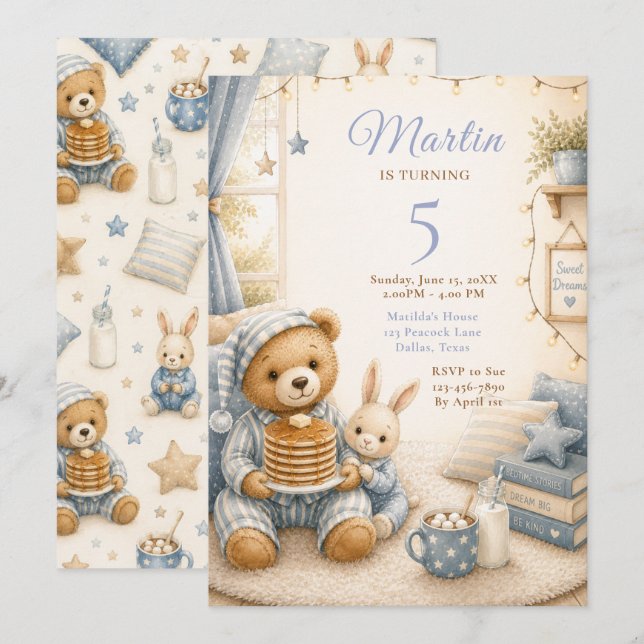 Invitación Cumpleaños con Pijamas Acogedor (Anverso / Reverso)