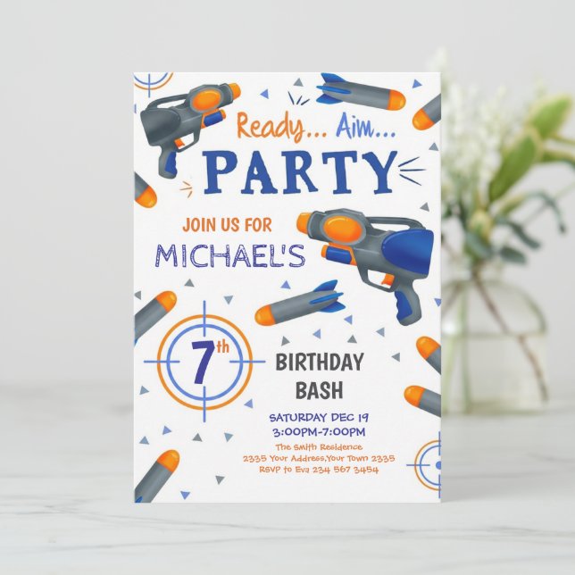 Invitación Cumpleaños con pistola de dardos (Anverso de pie)