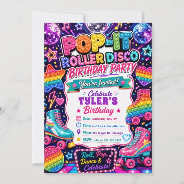 Invitación Cumpleaños con Pop It Roller Disco (Anverso)