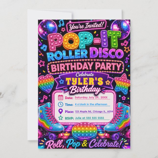 Invitación Cumpleaños con Pop It Roller Disco (Anverso)