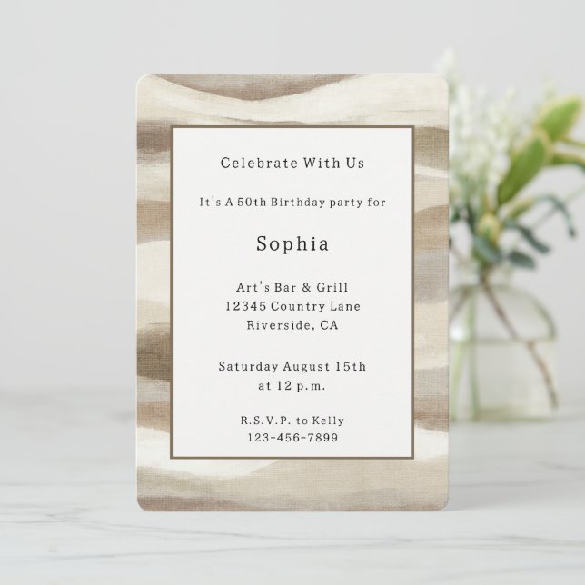 Invitación Cumpleaños con rayas onduladas marrones y crema (Anverso de pie)