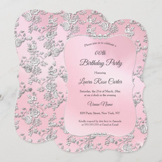 Invitación Cumpleaños con rosas de plata y flores rosadas de  (Anverso / Reverso)