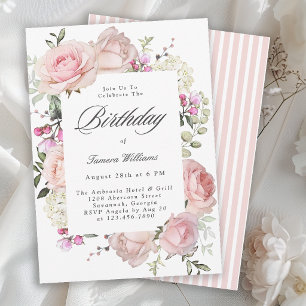 Invitación Cumpleaños con Rosas Rosadas Femeninas Caligrafía