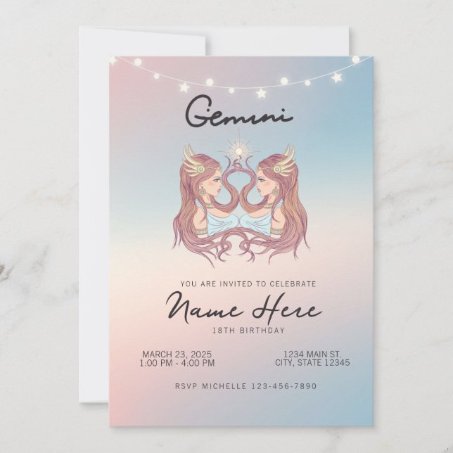 Invitación Cumpleaños con signo zodiacal de Géminis (Anverso)