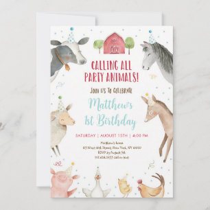 Invitación Cumpleaños con sombrero de fiesta de animales de g