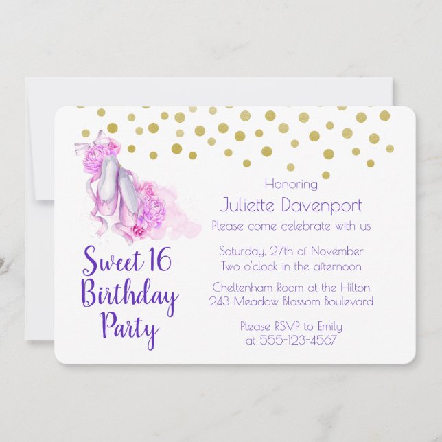 Invitación Cumpleaños con tema de ballet en acuarela rosa (Anverso)