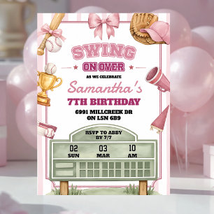 Invitación Cumpleaños con tema de béisbol rosa púrpura Swing