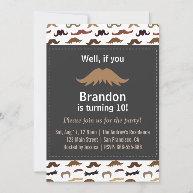 Invitación Cumpleaños con tema de bigote y patrón (Anverso)