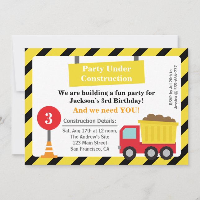 Invitación Cumpleaños con tema de construcción de camión volq (Anverso)