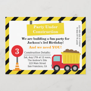 Invitación Cumpleaños con tema de construcción de camión volq