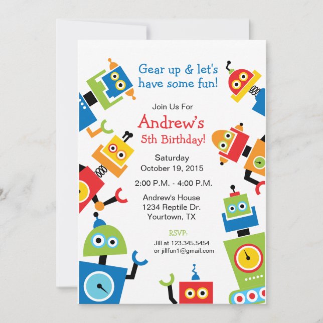 Invitación Cumpleaños con tema de fiesta de robot (Anverso)