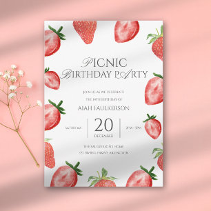 Invitación Cumpleaños con tema de fresas para picnic de hija