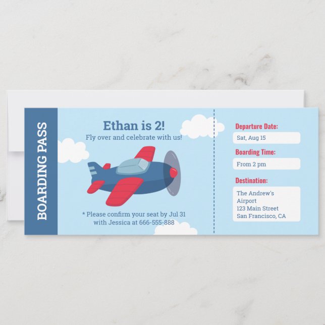 Invitación Cumpleaños con tema de pasaje aéreo para niños (Anverso)