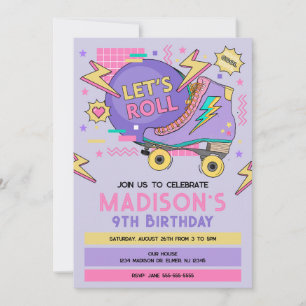 Invitación Cumpleaños con tema de patines retro de los 80 y 9