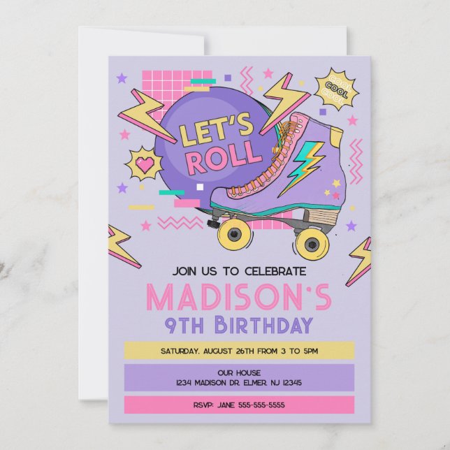 Invitación Cumpleaños con tema de patines retro de los 80 y 9 (Anverso)