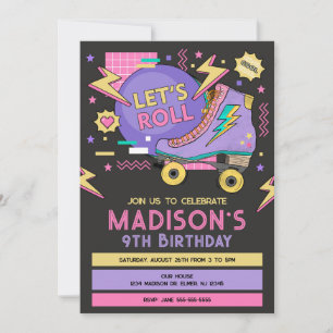 Invitación Cumpleaños con tema de patines retro de los 80 y 9
