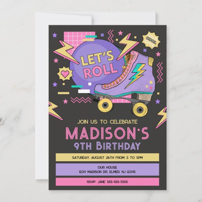 Invitación Cumpleaños con tema de patines retro de los 80 y 9 (Anverso)