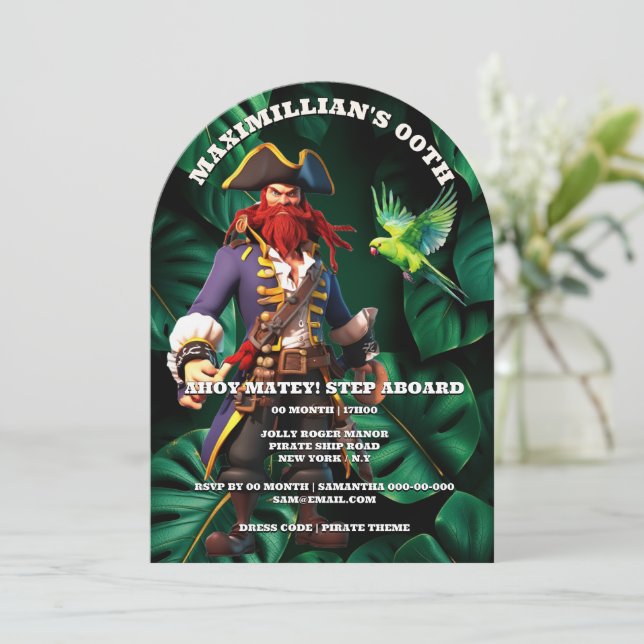Invitación Cumpleaños con tema de piratas capitán rojo para n (Anverso de pie)