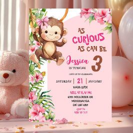 Invitación Cumpleaños con tema de sabana de mono curioso rosa