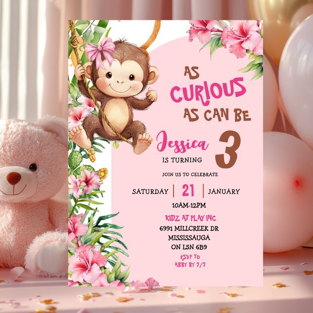 Invitación Cumpleaños con tema de sabana de mono curioso rosa (Subido por el creador)