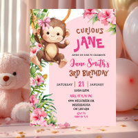Cumpleaños con tema de safari de mono curioso rosa