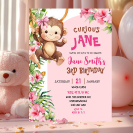 Invitación Cumpleaños con tema de safari de mono curioso rosa