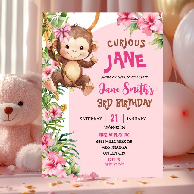 Invitación Cumpleaños con tema de safari de mono curioso rosa (Subido por el creador)