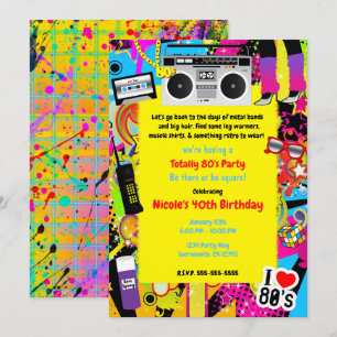 Invitación Cumpleaños con tema retro amarillo de los 80's déc