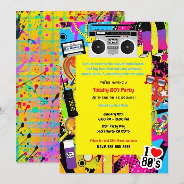 Invitación Cumpleaños con tema retro amarillo de los 80's déc (Anverso / Reverso)