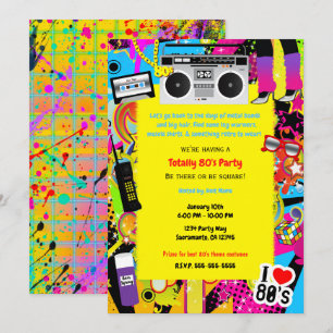 Invitación Cumpleaños con tema retro amarillo de los 80's déc