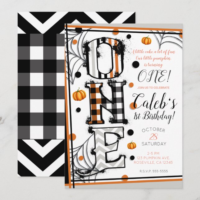 Invitación Cumpleaños con temática de Halloween Patrón Capric (Anverso / Reverso)