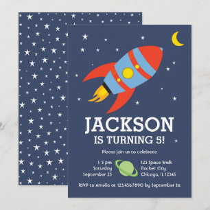 Invitación Cumpleaños con temática espacial de Cohetes y Luna
