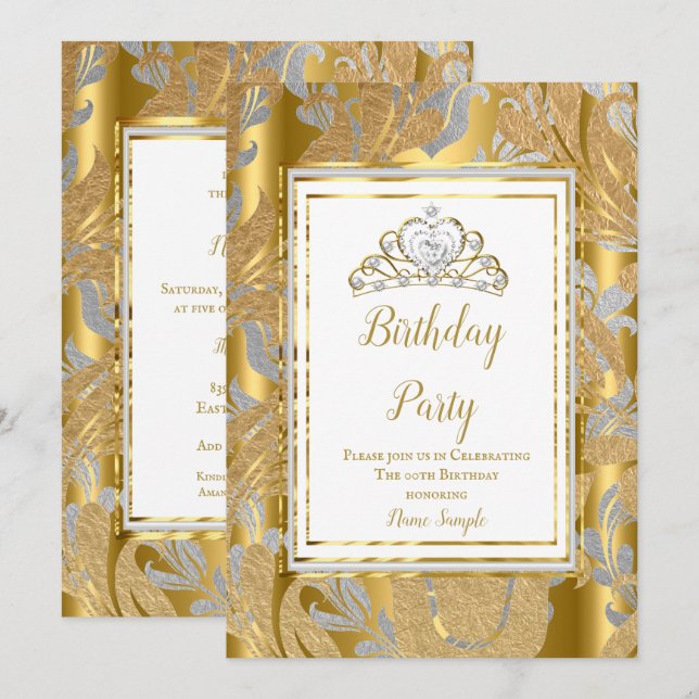 Invitación Cumpleaños con Tiara de Damasco Dorado Gris (Anverso / Reverso)
