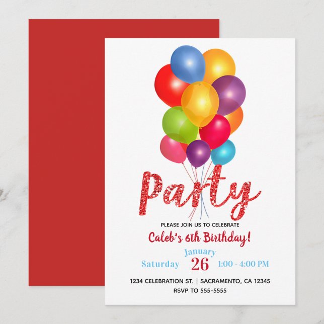 Invitación Cumpleaños con un Montón de Globos Rojo Brillante (Anverso / Reverso)