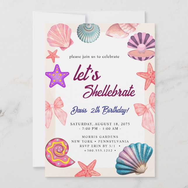 Invitación cumpleaños conchas marinas  (Anverso)