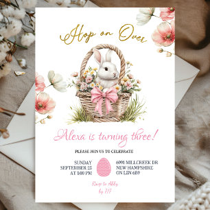 Invitación Cumpleaños conejito Pascua floral lazo rosa boho