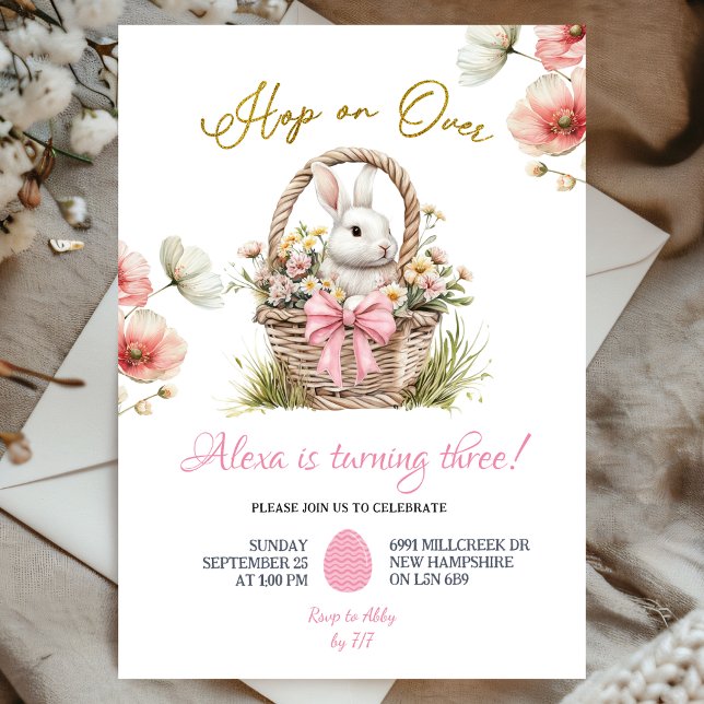 Invitación Cumpleaños conejito Pascua floral lazo rosa boho (Subido por el creador)