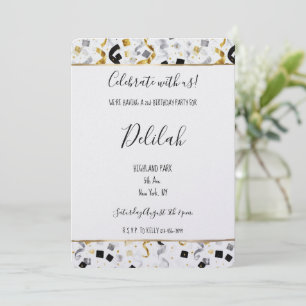 Invitación Cumpleaños Confeti Glam Negro Plata Oro