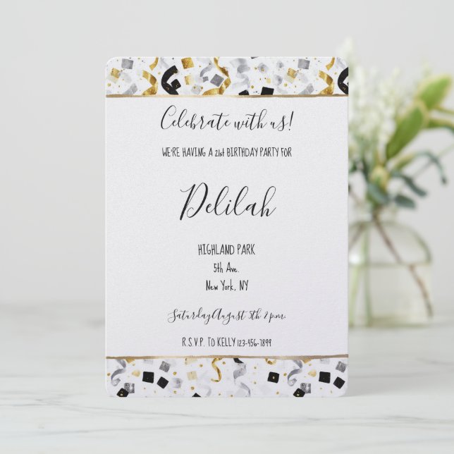 Invitación Cumpleaños Confeti Glam Negro Plata Oro (Anverso de pie)
